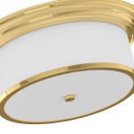 Lampa sufitowa Famburo PL Gold 38 w kolorze złotym, z białym abażurem, o okrągłym kształcie. Widok z dołu, ukazujący detale złotego wykończenia i centralny przycisk. Idealna do nowoczesnych wnętrz.