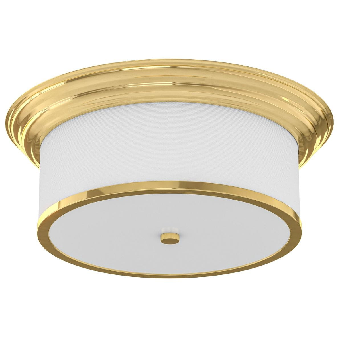 Lampa sufitowa Famburo PL Gold 38, 3-punktowa, z białym materiałem oraz złotą, błyszczącą ramą. Okrągły kształt z dekoracyjnym brzegiem, zamontowana na suficie, z centralnym przyciskiem. Idealna do nowoczesnych wnętrz.