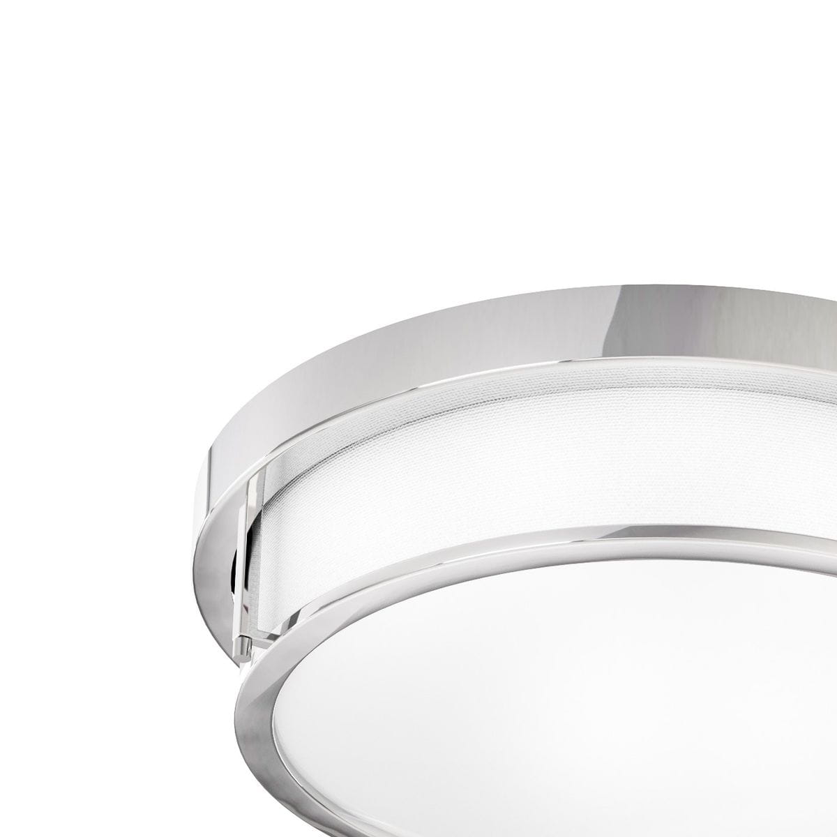 Lampa sufitowa Romi PL Cromo 40 w kolorze chromu, trzypunktowa. Okrągła oprawa z białym kloszem, umieszczona w metalowej ramie. Widok z góry, podkreślający elegancki design i transparentne wykończenie.