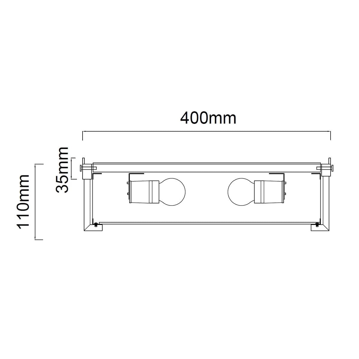 Lampa sufitowa Romi PL Cromo 40 w kolorze chromowanym, 3-punktowa, o wymiarach 400 mm długości, 110 mm wysokości i 35 mm szerokości. Ujęcie z góry, z widocznymi miejscami na żarówki.