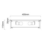 Lampa sufitowa Romi PL Cromo 40 w kolorze chromowanym, 3-punktowa, o wymiarach 400 mm długości, 110 mm wysokości i 35 mm szerokości. Ujęcie z góry, z widocznymi miejscami na żarówki.