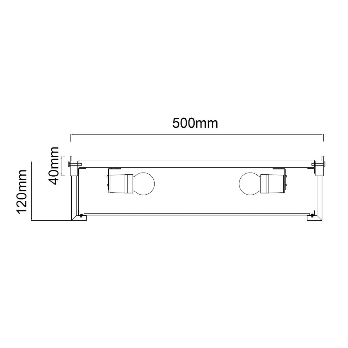 Lampa sufitowa Romi PL Cromo 50, 4-punktowa, chromowana. Wymiary: długość 500 mm, szerokość 40 mm, wysokość 120 mm. Ujęcie z góry, pokazujące kształt i rozstawienie punktów świetlnych. Prosta konstrukcja, bez widocznych dekoracji.