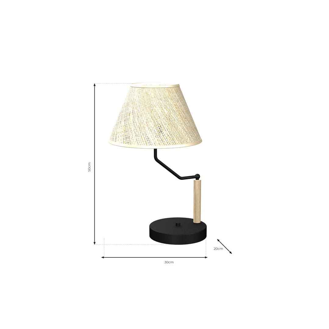 Lampka stołowa Etna z czarną podstawą i naturalnym kloszem. Posiada metalowy uchwyt i ma wymiary 30 cm wysokości oraz 30 cm szerokości. Klosz w kształcie stożka wykonany z plecionki, umieszczony na elastycznym ramieniu.
