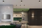 Czarna lampa sufitowa 1-punktowa Orbis SL.0016, zamontowana na suficie, z prostym cylindrycznym kształtem. Widoczna w kuchni, w otoczeniu wiszących lamp oraz ciemnych i jasnych ścian. Użyta w aranżacji z drewnianym stołem i zielonymi akcentami.