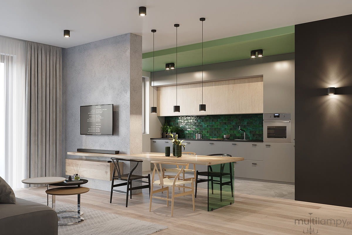 Lampa sufitowa Orbis 1-punktowa, czarna, zamontowana na suficie, o minimalistycznym designie. Widoczna w nowoczesnej kuchni z zieloną backsplash i drewnianym blatem. Ujęcie frontalne, ukazujące jej prostą formę w kontekście aranżacji wnętrza.