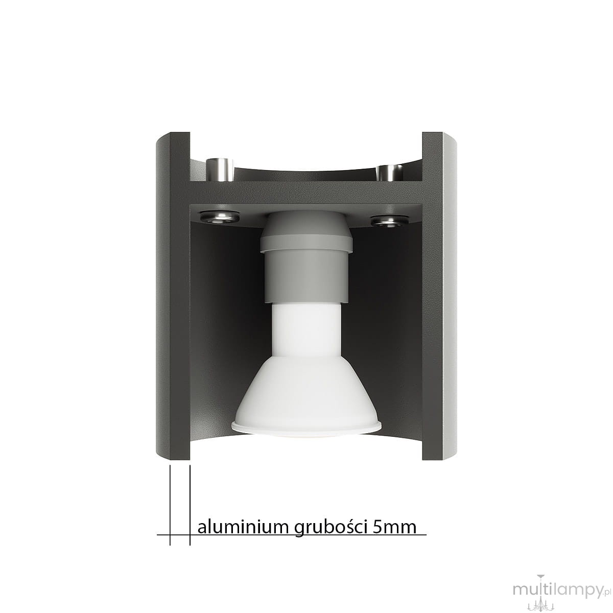 Lampa sufitowa Orbis 1-punktowa w kolorze białym. Korpus z aluminium o grubości 5 mm, z widocznym gniazdem na żarówkę. Ujęcie frontalne, lampa w pozycji stojącej, prezentująca minimalistyczny design.