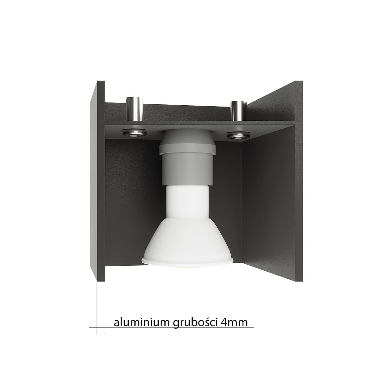 Czarna lampa sufitowa 1-punktowa Quad z aluminium o grubości 4 mm. Kształt prostokątny, z widoczną białą oprawą. Zamontowana pod kątem, z dwoma metalowymi mocowaniami na górze. Idealna do nowoczesnych wnętrz.