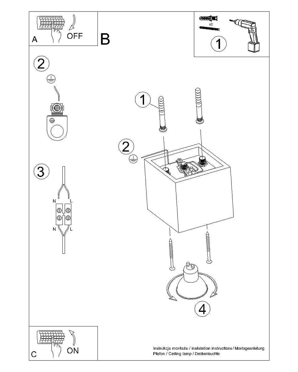 Lampa sufitowa 1-punktowa w kolorze czarnym, kwadratowa obudowa, metalowa konstrukcja, widoczne uchwyty do montażu, złącza elektryczne w środku, przeznaczona do instalacji sufitowej.