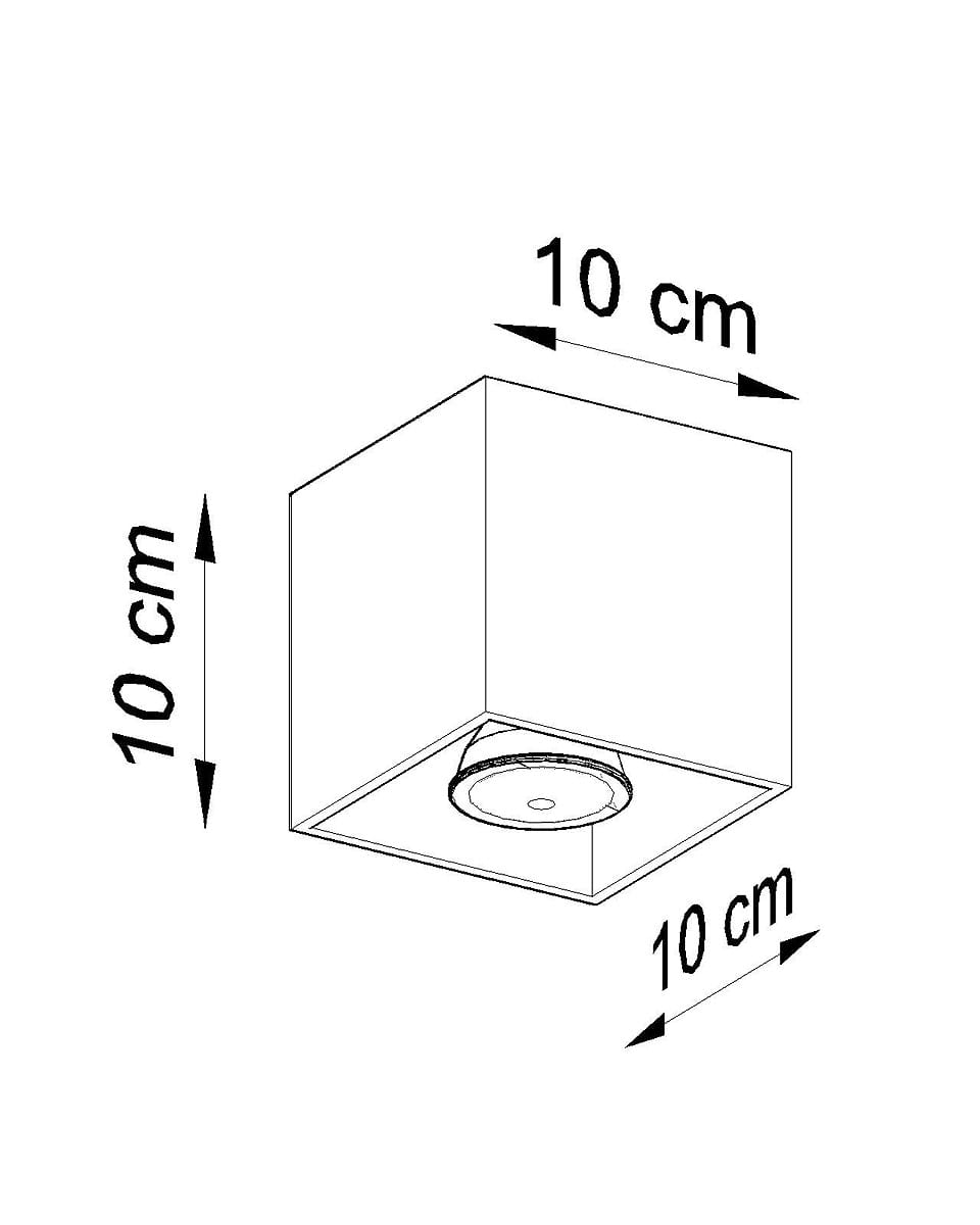 Lampa sufitowa 1-punktowa w kolorze szarym, o wymiarach 10 cm x 10 cm x 10 cm, z kwadratowym korpusem i okrągłym miejscem na żarówkę, montowana na suficie. Prosta konstrukcja, idealna do nowoczesnych wnętrz.
