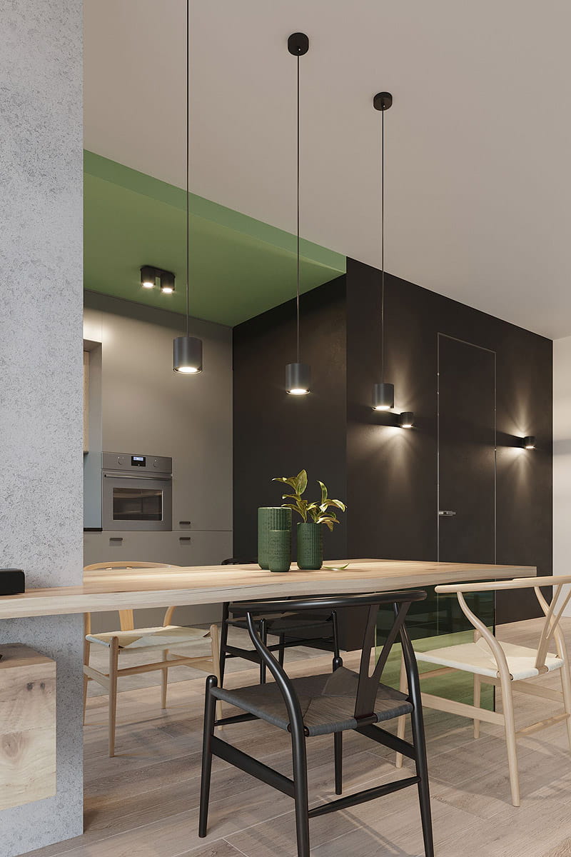 Lampa wisząca Orbis 1-punktowa w kolorze czarnym, o cylindrycznym kształcie, zawieszona na cienkim kablu. Widoczna w nowoczesnej aranżacji wnętrza z drewnianym stołem i roślinami w zielonych donicach. Tło w odcieniach szarości i czerni.