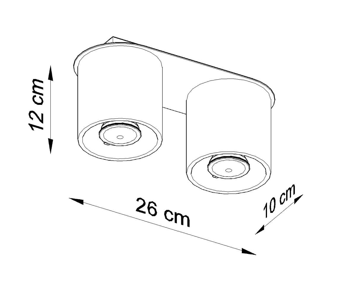 Lampa sufitowa Orbis w białym kolorze, 2-punktowa, z okrągłymi kloszami o średnicy 10 cm i wysokości 12 cm, zamocowana na prostokątnej podstawie o długości 26 cm. Produkt w ujęciu frontalnym, ukazujący wymiary.