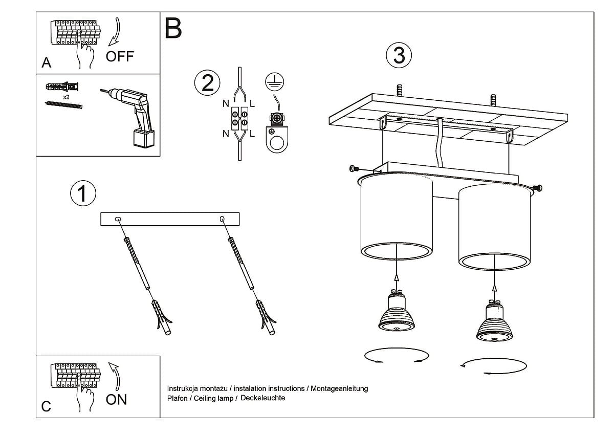 Lampa sufitowa Orbis 2-punktowa w kolorze białym, z dwoma cylindrycznymi kloszami. Ujęcie frontalne, produkt zamontowany na suficie. Klosze osadzone na metalowej ramie, z widocznymi gwintami do żarówek. Prosta konstrukcja, idealna do nowoczesnych wnętrz.