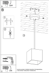 Lampa wisząca Quad 1-punktowa w kolorze białym, o prostokątnym kształcie klosza. Zawieszona na cienkim przewodzie, montowana do sufitu. Widoczny element mocujący oraz instrukcja montażu w tle.