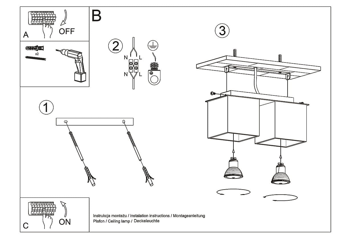Lampa sufitowa Quad 2-punktowa w kolorze białym, z prostokątną podstawą i dwoma kwadratowymi kloszami. Ujęcie frontalne pokazuje montaż na suficie, z widocznymi detalami zawieszenia oraz lampami w stylu minimalistycznym.
