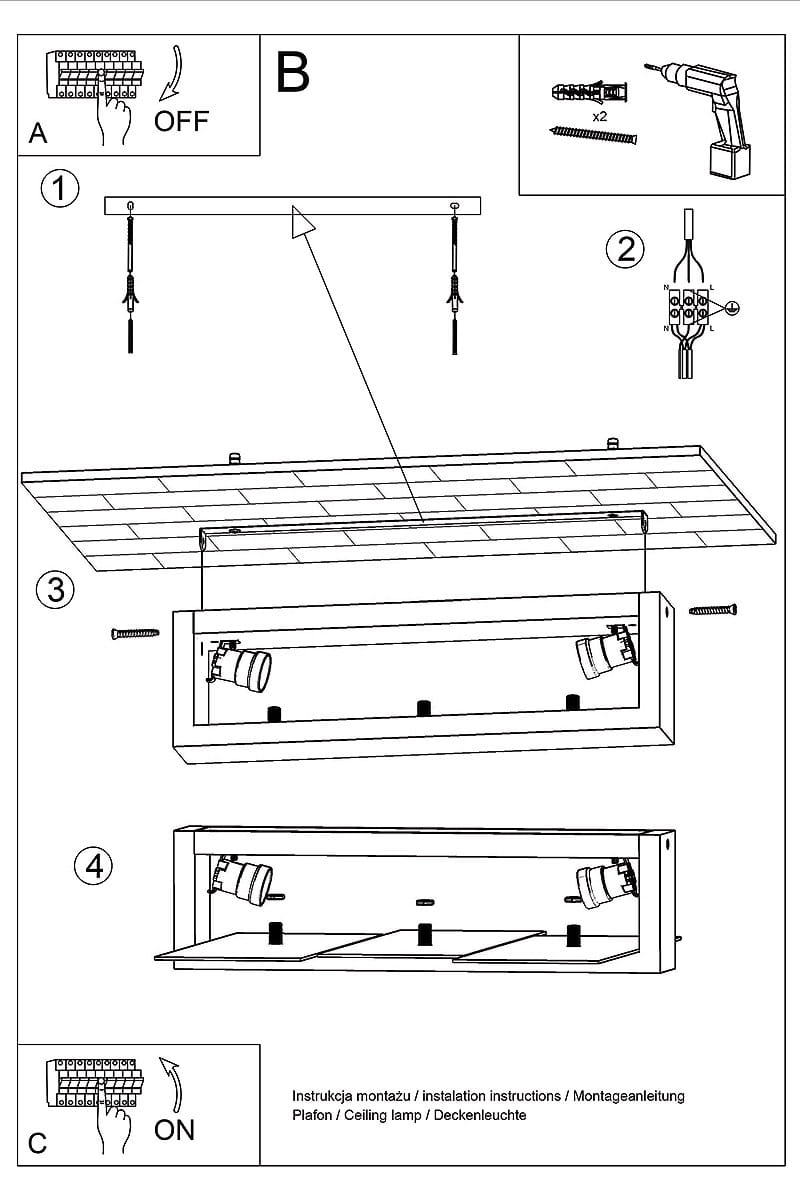 Lampa sufitowa Feniks 2-punktowa w kolorze wenge, z prostokątnym kształtem i dwoma regulowanymi źródłami światła. Zainstalowana na suficie, idealna do oświetlenia wnętrz. Widoczne elementy montażowe i instrukcja instalacji.