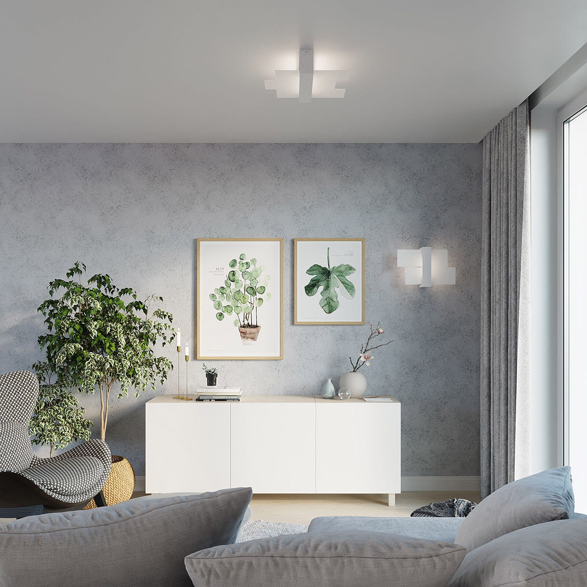 Lampa sufitowa Feniks 2-punktowa w białym kolorze, zamontowana na suficie, z minimalistycznym designem. Oświetlenie w nowoczesnym wnętrzu, w pobliżu roślin i obrazów na ścianie. Tło jasne, z szarym akcentem.