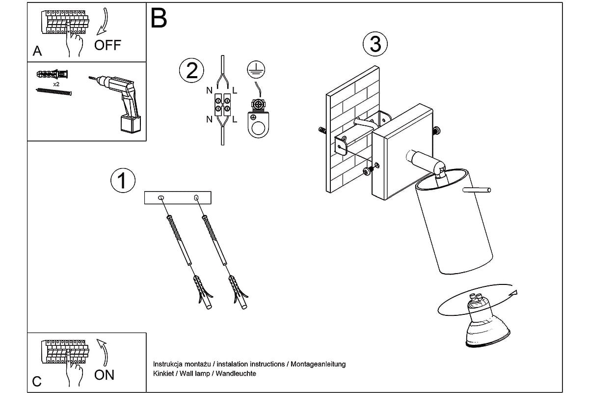 Kinkiet jednolampowy w kolorze czarnym, z cylindrycznym kloszem. Ujęcie z boku, ukazujące sposób montażu na ścianie. W zestawie widoczne elementy montażowe oraz przewody elektryczne. Tło proste, białe, co podkreśla szczegóły produktu.