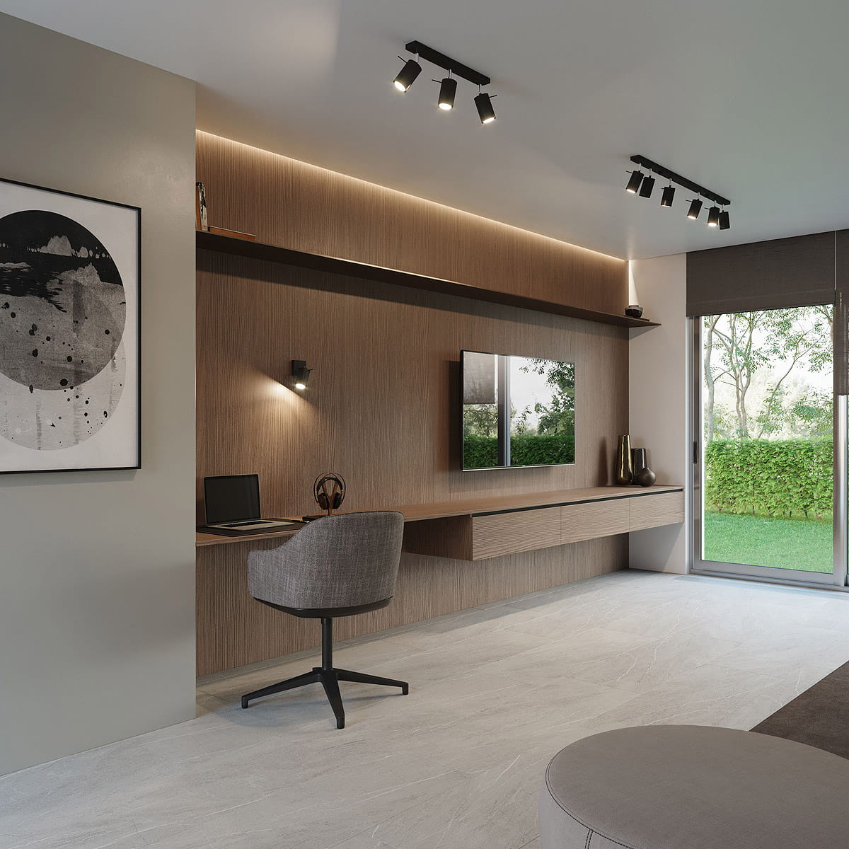 Czarny kinkiet 1-punktowy Ring SL.0091, zamontowany na ścianie, z minimalistycznym designem. Widoczny w nowoczesnym wnętrzu z drewnianą półką, biurkiem i oknem, które wpuszcza naturalne światło.