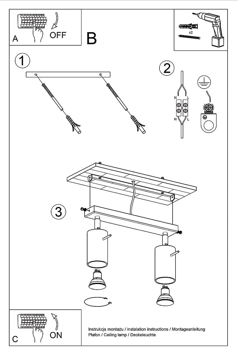 Biała lampa sufitowa typu spot, dwupunktowa, z cylindrycznymi kloszami. Ujęcie z góry, pokazujące montaż. Widzoczne elementy instalacji oraz instrukcje. Proste tło, skupiające uwagę na lampie i jej detalach.