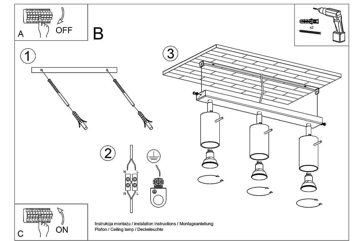 Biała lampa sufitowa typu spot, 3-punktowa, z okrągłymi kloszami. Ułożona poziomo, z widocznymi mocowaniami do sufitu. Klosze w kształcie cylindrów, umieszczone na metalowej listwie. Prosty design, idealna do nowoczesnych wnętrz.