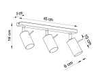 Trzypunktowa lampa sufitowa w kolorze szarym z prostokątną podstawą o długości 45 cm i szerokości 5 cm. Spoty mają cylindryczny kształt, wysokość 10 cm i średnicę 6 cm, umieszczone na wysokości 16 cm od sufitu.