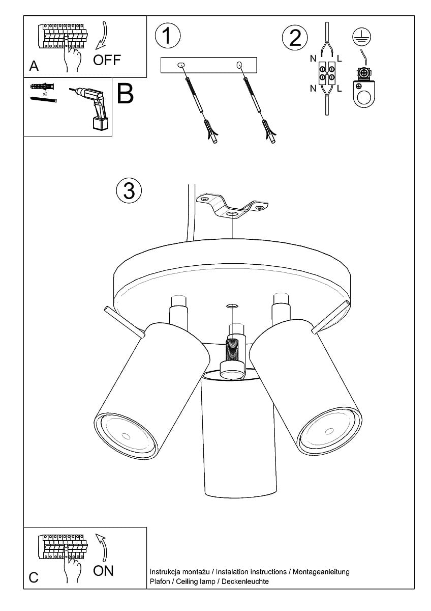 Trzypunktowa lampa sufitowa Ring w kolorze czarnym. Posiada okrągłą podstawę oraz trzy ruchome klosze, które można kierować w różnych kierunkach. Widoczna jest instrukcja montażu z oznaczeniami.