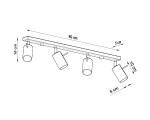Biała lampa sufitowa 4-punktowa, składająca się z prostokątnej listwy o wymiarach 80 cm x 5 cm, z czterema okrągłymi kloszami o wysokości 10 cm i średnicy 6 cm, montowana na suficie, w układzie równoległym.