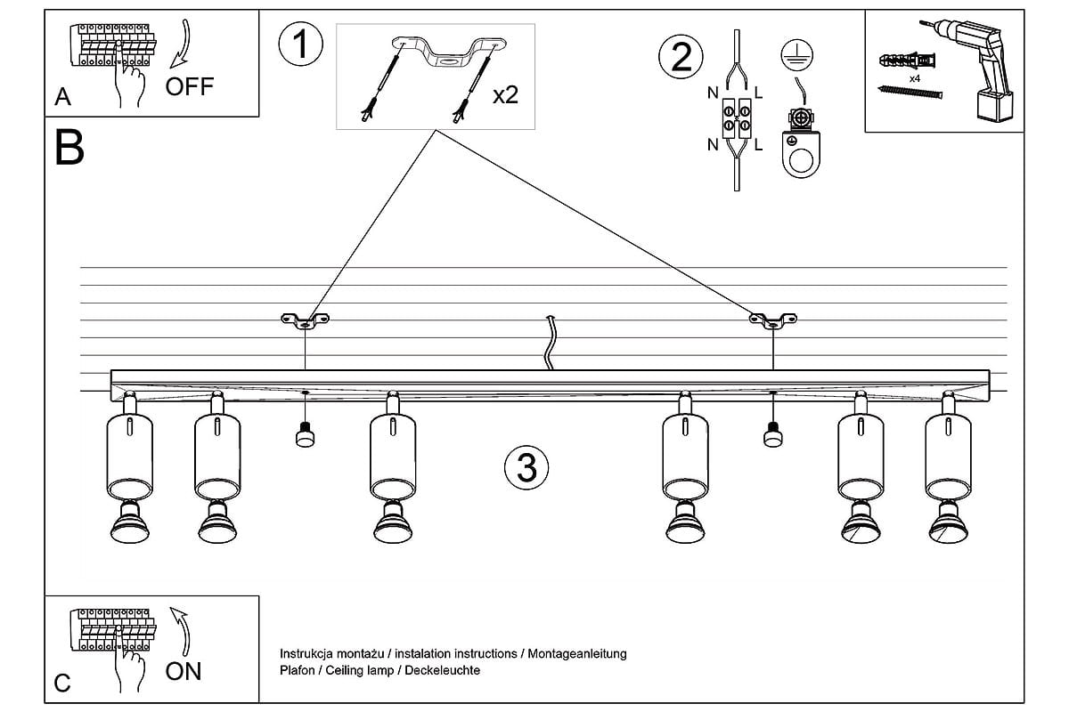 Czarna, sześciopunktowa lampa sufitowa typu spot, montowana podwieszana. Składa się z prostokątnej podstawy i sześciu regulowanych punktów świetlnych. Widoczne elementy montażowe oraz schemat instalacji.