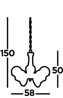 Lampa wisząca Sphere 5-punktowa w kolorze antycznego mosiądzu, z pięcioma kloszami rozmieszczonymi w okręgu. Wymiary: wysokość 150 cm, szerokość 58 cm, głębokość 50 cm. Ujęcie z boku, pokazujące kształt i proporcje lampy.