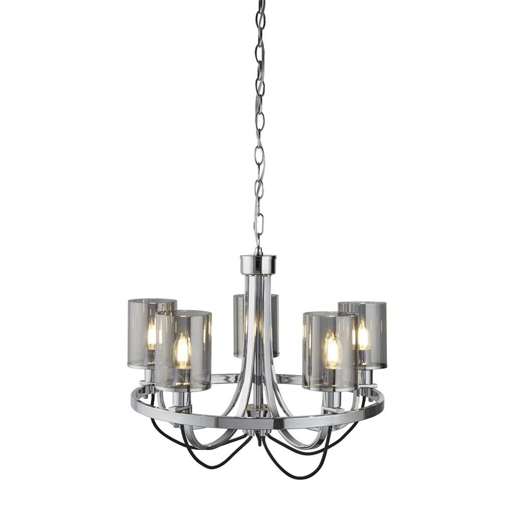 Lampa wisząca Catalina, 5-punktowa, w chromowanej obudowie. Pięć szklanych kloszy w przezroczystym kolorze, z metalowym, okrągłym stelażem. Zawieszona na łańcuchu, z eleganckim kształtem, idealna do nowoczesnych wnętrz.