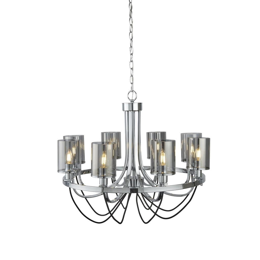 Lampa wisząca Catalina 8-punktowa w kolorze chromu, z przezroczystymi kloszami na żarówki. Kształt okrągły z eleganckimi, metalowymi ramionami. Ujęcie frontalne, zawieszona na łańcuchu, idealna do nowoczesnych wnętrz.