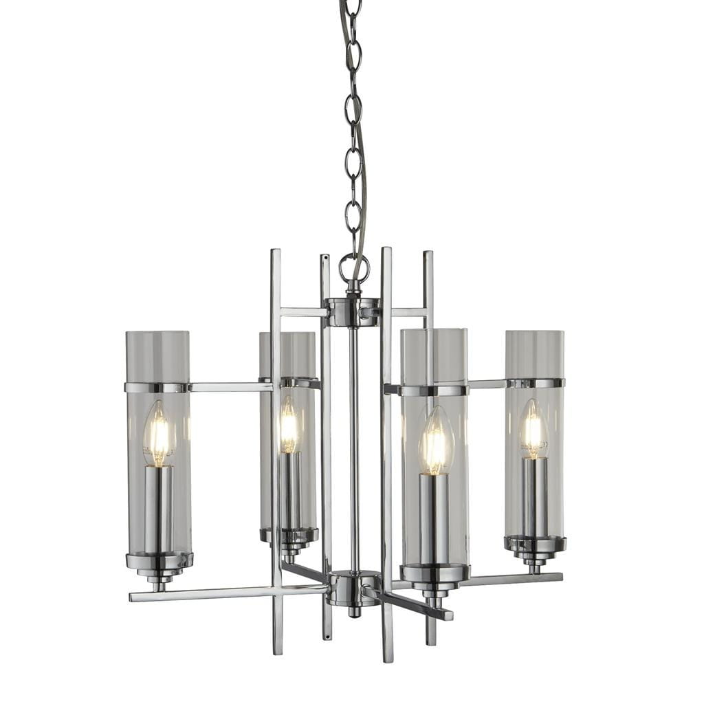 Lampa wisząca Milo 4-punktowa w kolorze chromu, z czterema transparentnymi kloszami na żarówki, zawieszona na łańcuchu. Stylowy, geometryczny kształt z metalowymi elementami, idealna do nowoczesnych wnętrz.