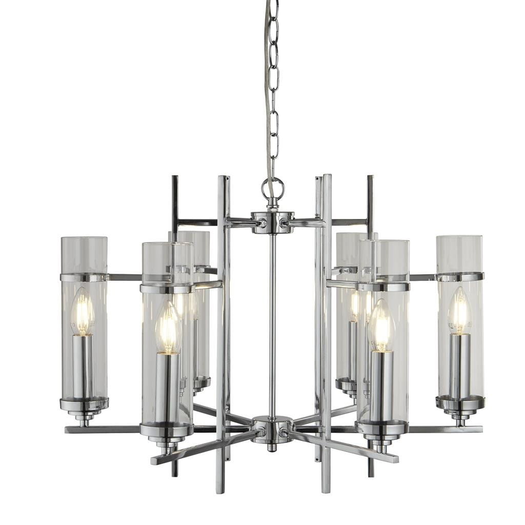 Lampa wisząca Milo 6-punktowa w kolorze chromu, z sześcioma przezroczystymi kloszami, umieszczona na metalowej konstrukcji. Zawieszona na łańcuchu, z widocznymi żarówkami. Elegancki design, idealna do nowoczesnych wnętrz.