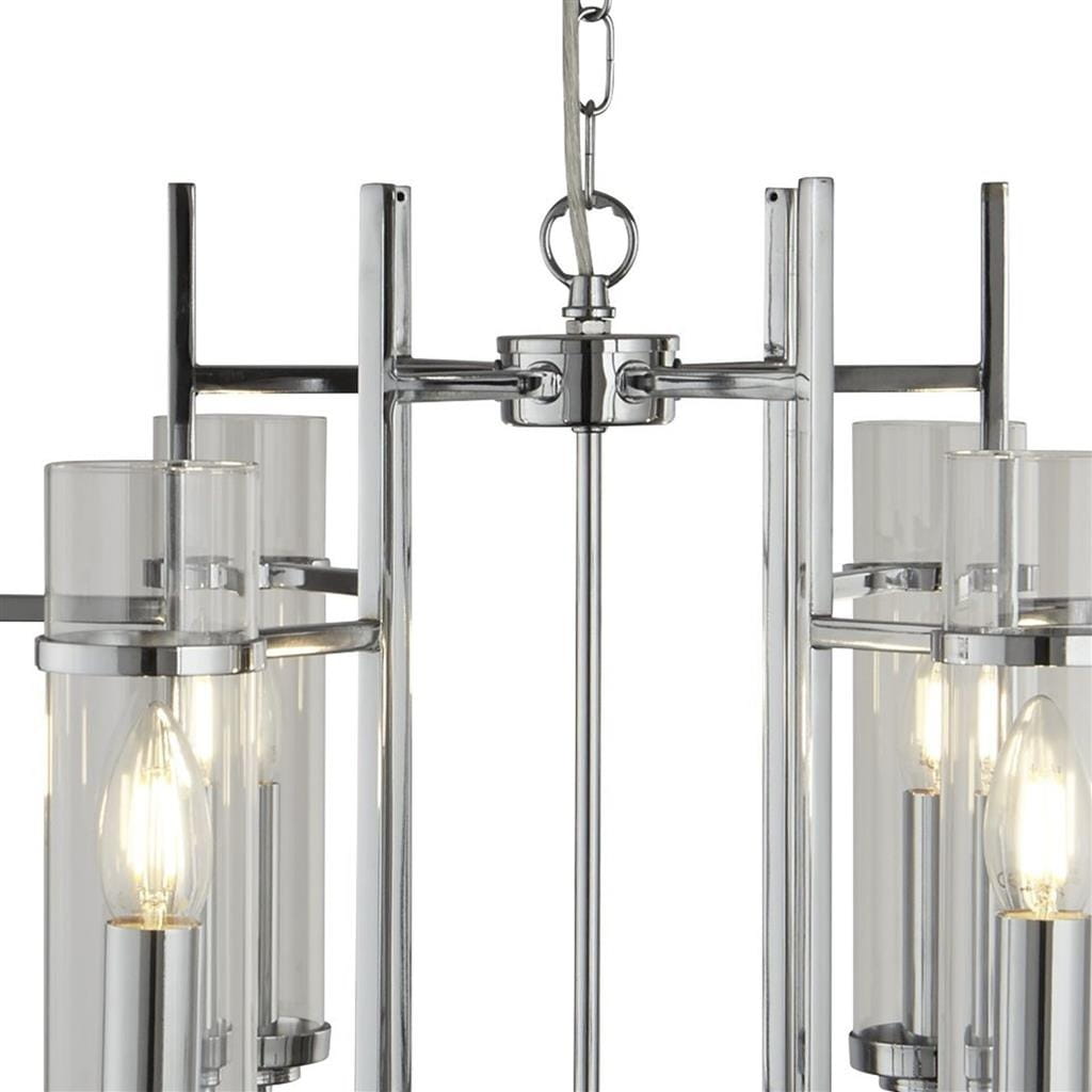 Lampa wisząca Milo 6-punktowa w chromowanym wykończeniu, z przezroczystymi kloszami na źródła światła. Kształt prostokątny, z metalowymi elementami i dekoracyjnym zawieszeniem. Idealna do nowoczesnych wnętrz.