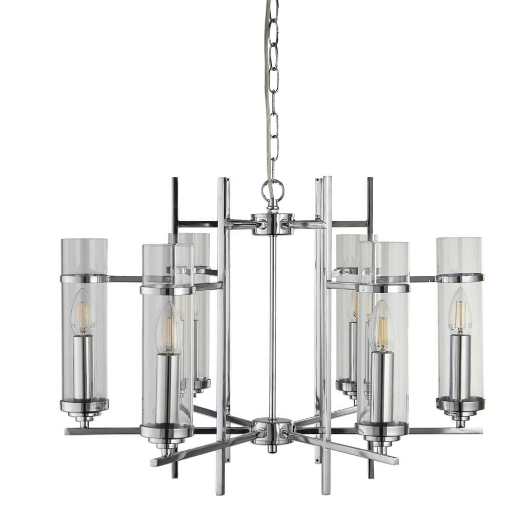 Lampa wisząca Milo 6-punktowa w chromowanym wykończeniu. Posiada sześć cylindrycznych kloszy z przezroczystego szkła, z metalowymi elementami. Zawieszona na łańcuchu, w nowoczesnym stylu. Idealna do eleganckich wnętrz.
