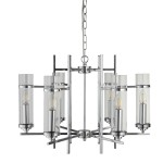 Lampa wisząca Milo 6-punktowa w chromowanym wykończeniu. Posiada sześć cylindrycznych kloszy z przezroczystego szkła, z metalowymi elementami. Zawieszona na łańcuchu, w nowoczesnym stylu. Idealna do eleganckich wnętrz.