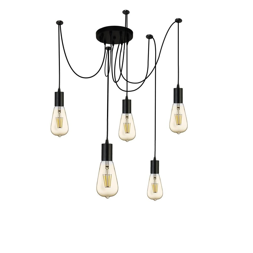 Lampa wisząca Squiggle 5-punktowa w kolorze czarnym, z pięcioma szklanymi kloszami w kształcie kropli. Klosze zawieszone na długich, czarnych przewodach, mocowane do okrągłej podstawy sufitowej. Wysoka funkcjonalność i nowoczesny design.