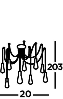 Czarna lampa wisząca Squiggle z 9 punktami świetlnymi. Zawieszenie o wysokości 203 cm i średnicy 20 cm. Kształt z falującymi przewodami, idealna do nowoczesnych wnętrz.