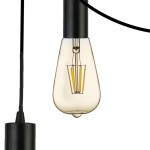 Czarna lampa wisząca Squiggle 9-punktowa z przezroczystą żarówką. Widoczna żarówka o kształcie kropli, z widocznymi żarnikami. Ujęcie z boku, na czarnym kablu, zawieszona w pionie. Idealna do nowoczesnych wnętrz.