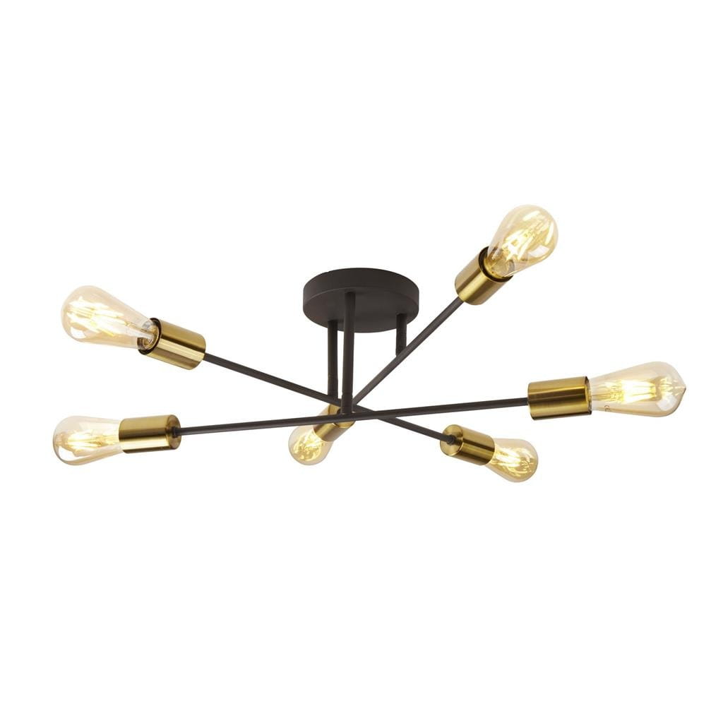 Lampa sufitowa Armstrong 6-punktowa w kolorze czarnym z satynowym mosiężnym wykończeniem. Posiada sześć ramion z żarówkami, montowana na suficie, w nowoczesnym stylu.