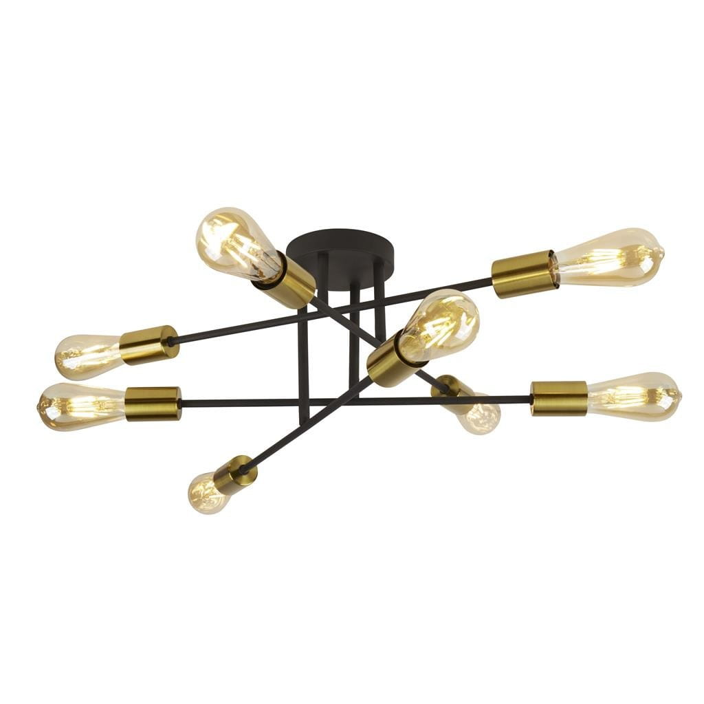 Armstrong lampa sufitowa 8-punktowa w kolorze czarnym z satynowym mosiądzem. Produkt z unikalnym, nowoczesnym designem, z ośmioma żarówkami umieszczonymi na metalowych ramionach. Ujęcie z góry, ukazujące detal i funkcjonalność lampy.