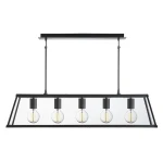 Lampa wisząca Voyager 5-punktowa w kolorze czarnym, z prostokątnym metalowym stelażem i pięcioma okrągłymi kloszami. Ujęcie frontalne, z zawieszeniem na dwóch linkach. Transparentne klosze podkreślają źródła światła.