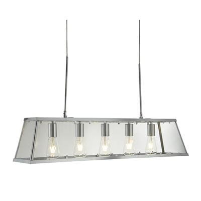 Lampa wisząca Voyager 5-punktowa w chromowanym wykończeniu, z prostokątnym kloszem i pięcioma żarówkami E27. Ujęcie frontalne, zawieszona na dwóch linkach. Klosz przezroczysty, metalowe detale.