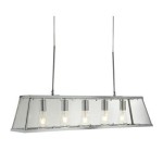 Lampa wisząca Voyager 5-punktowa w chromowanym wykończeniu, z prostokątnym kloszem i pięcioma żarówkami E27. Ujęcie frontalne, zawieszona na dwóch linkach. Klosz przezroczysty, metalowe detale.