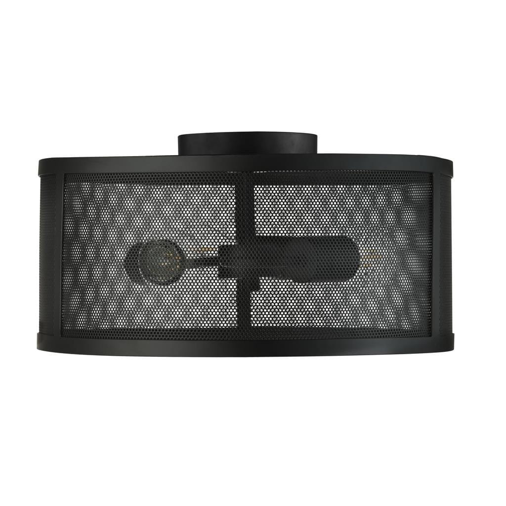 Czarna lampa wisząca Fishnet 3-punktowa, o cylindrycznym kształcie, z siatką metalową, widocznymi oprawkami na żarówki oraz zamocowaniem sufitowym. Ujęcie z góry, na jednolitym tle, podkreśla jej nowoczesny design.