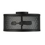 Czarna lampa wisząca Fishnet 3-punktowa, o cylindrycznym kształcie, z siatką metalową, widocznymi oprawkami na żarówki oraz zamocowaniem sufitowym. Ujęcie z góry, na jednolitym tle, podkreśla jej nowoczesny design.