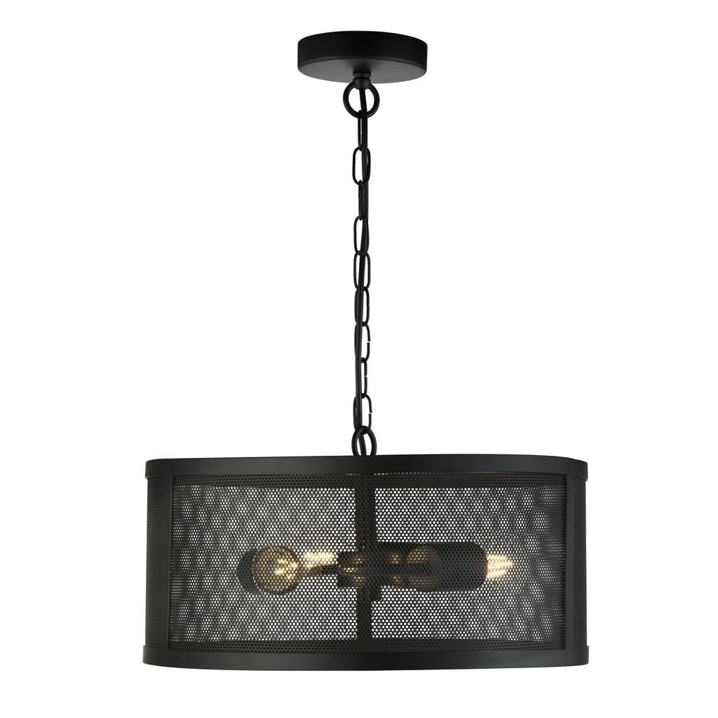 Czarna lampa wisząca Fishnet z trzema punktami świetlnymi, o cylindrycznym kształcie z siatkowym wzorem, zawieszona na łańcuchu. Widoczna metalowa podsufitka i oprawki żarówek wewnątrz klosza.