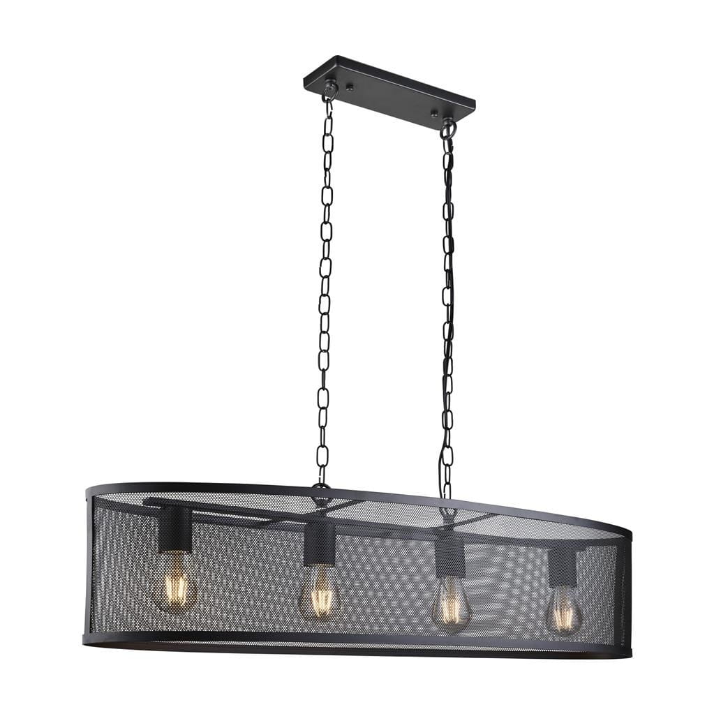 Czarna lampa wisząca Fishnet 4-punktowa, metalowa, z siatkowym kloszem, zawieszona na dwóch łańcuchach. Owalny kształt z widocznymi czterema miejscami na żarówki, zamontowana na prostokątnej podstawie sufitowej.