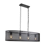 Czarna lampa wisząca Fishnet 4-punktowa, metalowa, z siatkowym kloszem, zawieszona na dwóch łańcuchach. Owalny kształt z widocznymi czterema miejscami na żarówki, zamontowana na prostokątnej podstawie sufitowej.