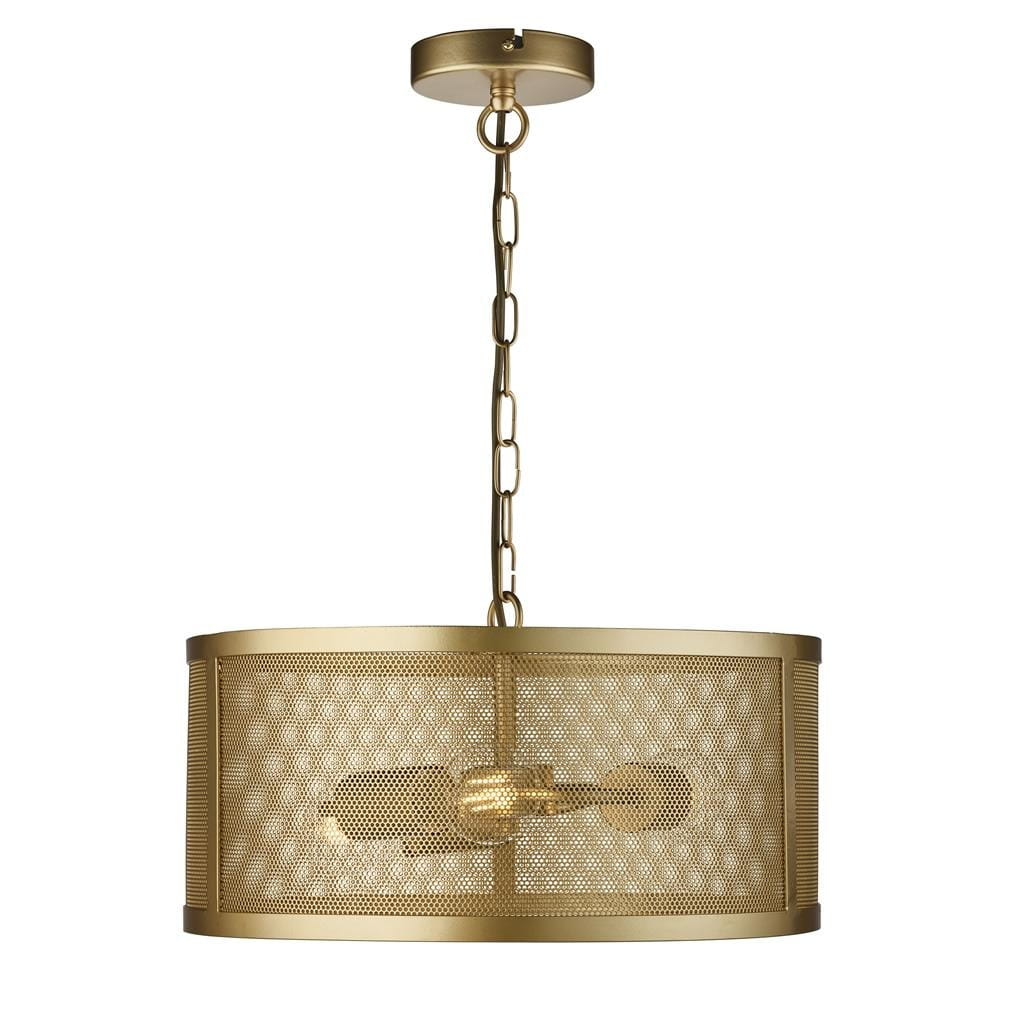 Lampa wisząca Fishnet 3-punktowa w kolorze złotym, z metalową siatką, okrągła obudowa z widocznymi żarówkami w środku, zawieszona na łańcuszku. Idealna do nowoczesnych wnętrz.